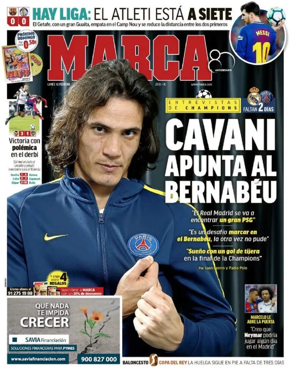 Cavani en la tapa de Marca en la previa de la visita a Real Madrid