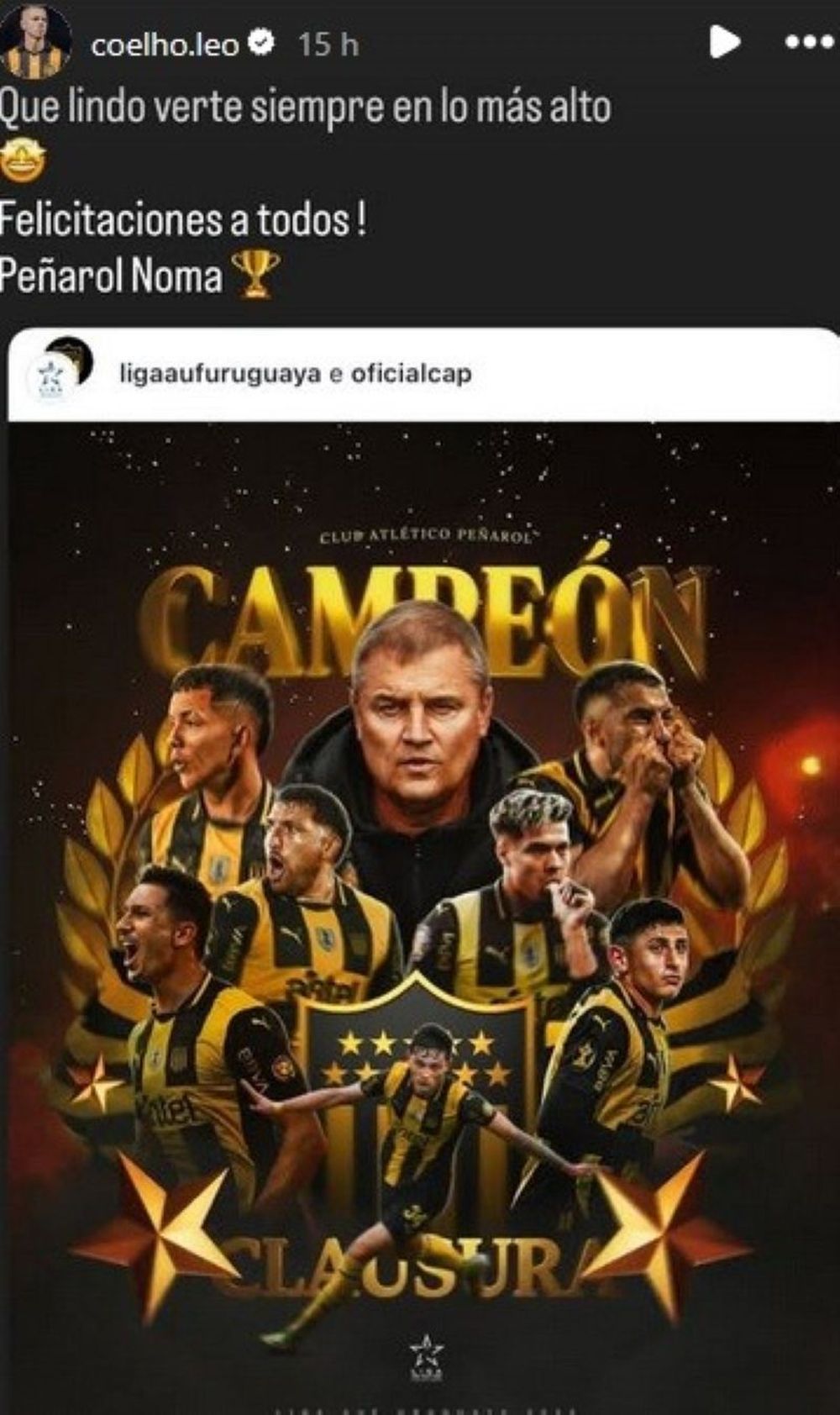 La alegría de Léo Coelho por el título conseguido por sus excompañeros de Peñarol con el Torneo Clausura La alegría de Léo Coelho por el título conseguido por sus excompañeros de Peñarol con el Torneo Clausura