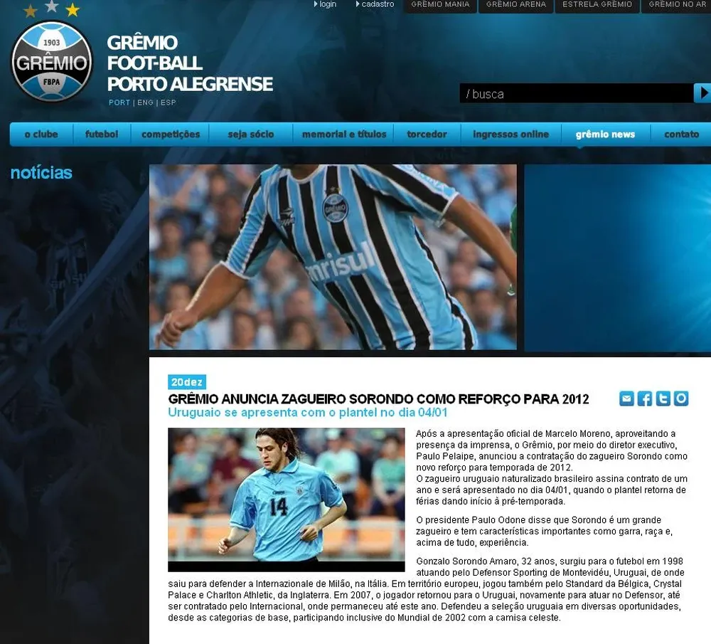 El anuncio en la página oficial de Gremio