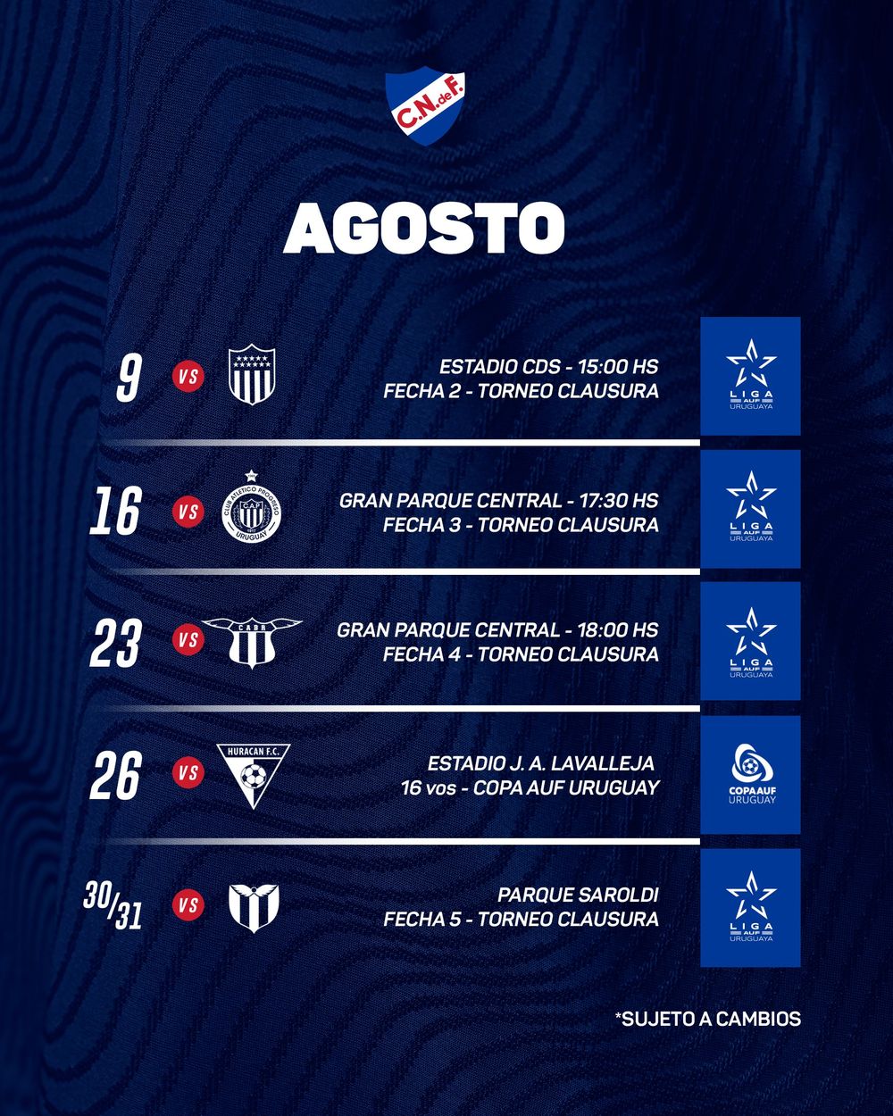 El calendario de Nacional en agosto 2025
