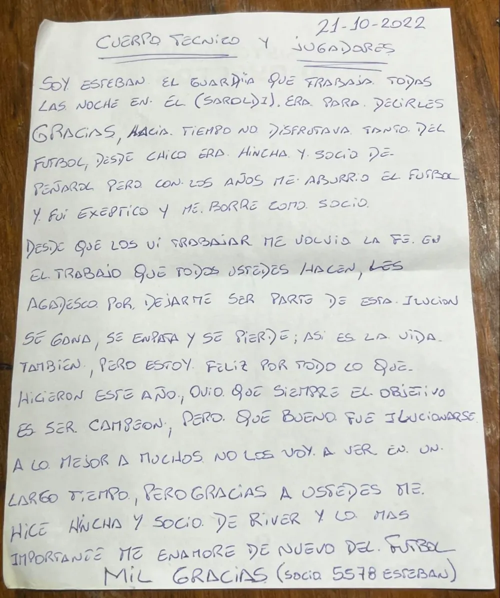 La carta que dejó el trabajador e hincha de River