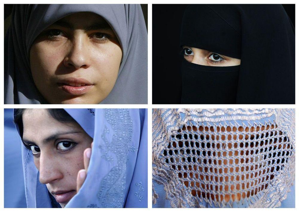Diversos tipos de velos islámicos: un hiyab (arriba a la izquierda), un niqab (arriba a la derecha), un chador (abajo a la izquierda) y un burka.