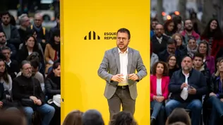 El presidente de la Generalitat y candidato de ERC a la reelección, Pere Aragonès, en el primer acto de campaña de las elecciones catalanas el 12 de mayo.