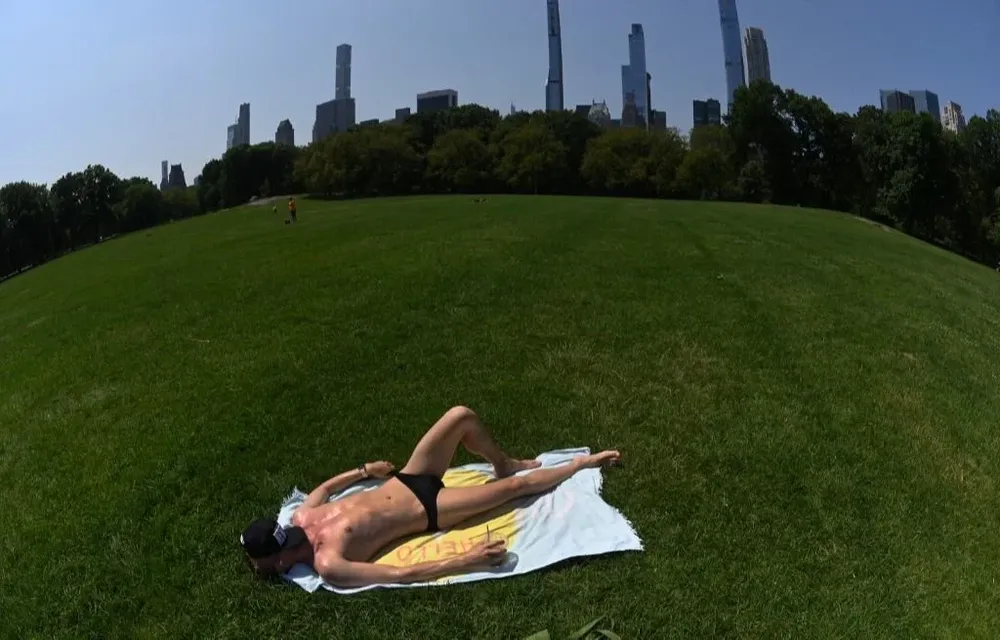 Un hombre aprovechó la ola de calor para tomar sol con muy poca ropa en el Central Park de Nueva York