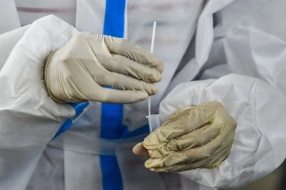 Un trabajador de la salud sostiene un hisopo con guantes en sus manos