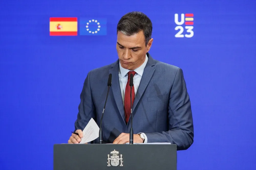 El presidente del Gobierno, Pedro Sánchez, durante la presentación de las prioridades de la Presidencia española del Consejo de la UE, en el Palacio de la Moncloa.