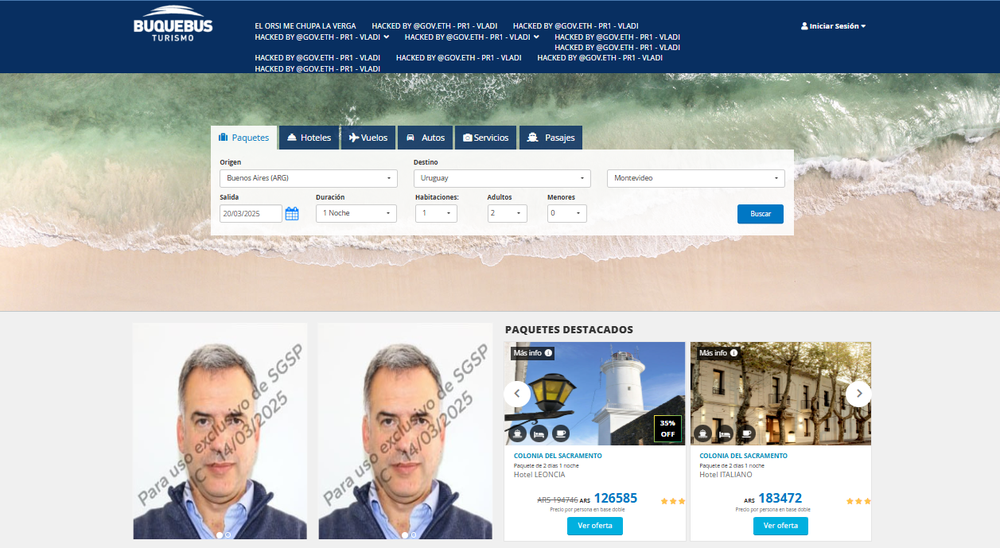 Así quedó la página de Buquebus Turismo tras ser hackeada