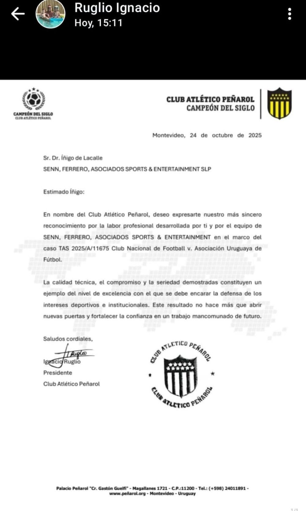 El comunicado de Peñarol que hizo público Ignacio Ruglio, agradeciéndole a los abogados de un estudio español por seguir de cerca el caso en el TAS entre Nacional y la AUF El comunicado de Peñarol que hizo público Ignacio Ruglio, agradeciéndole a los abogados de un estudio español por seguir de cerca el caso en el TAS entre Nacional y la AUF