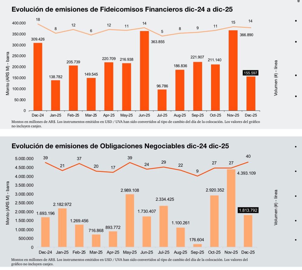 Las emisiones primarias de Fideicomisos Financieros y Obligaciones Negociables superaron los USD 20.250 millones en 2025.
