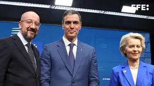 El presidente del Gobierno, Pedro Sánchez, y los presidentes del Consejo y de la Comisión europeos, Charles Michel y Ursula von der Leyen