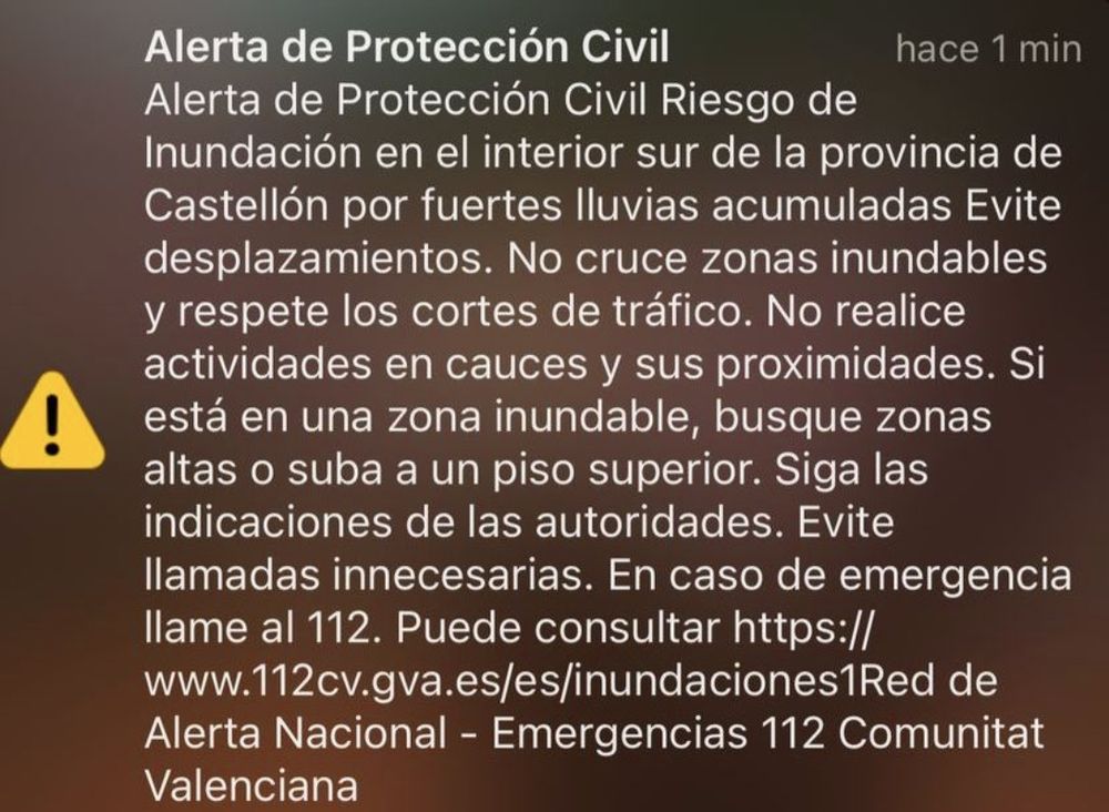 El mensaje de alerta enviado a las poblaciones del interior sur de Castellón. EUROPA PRESS