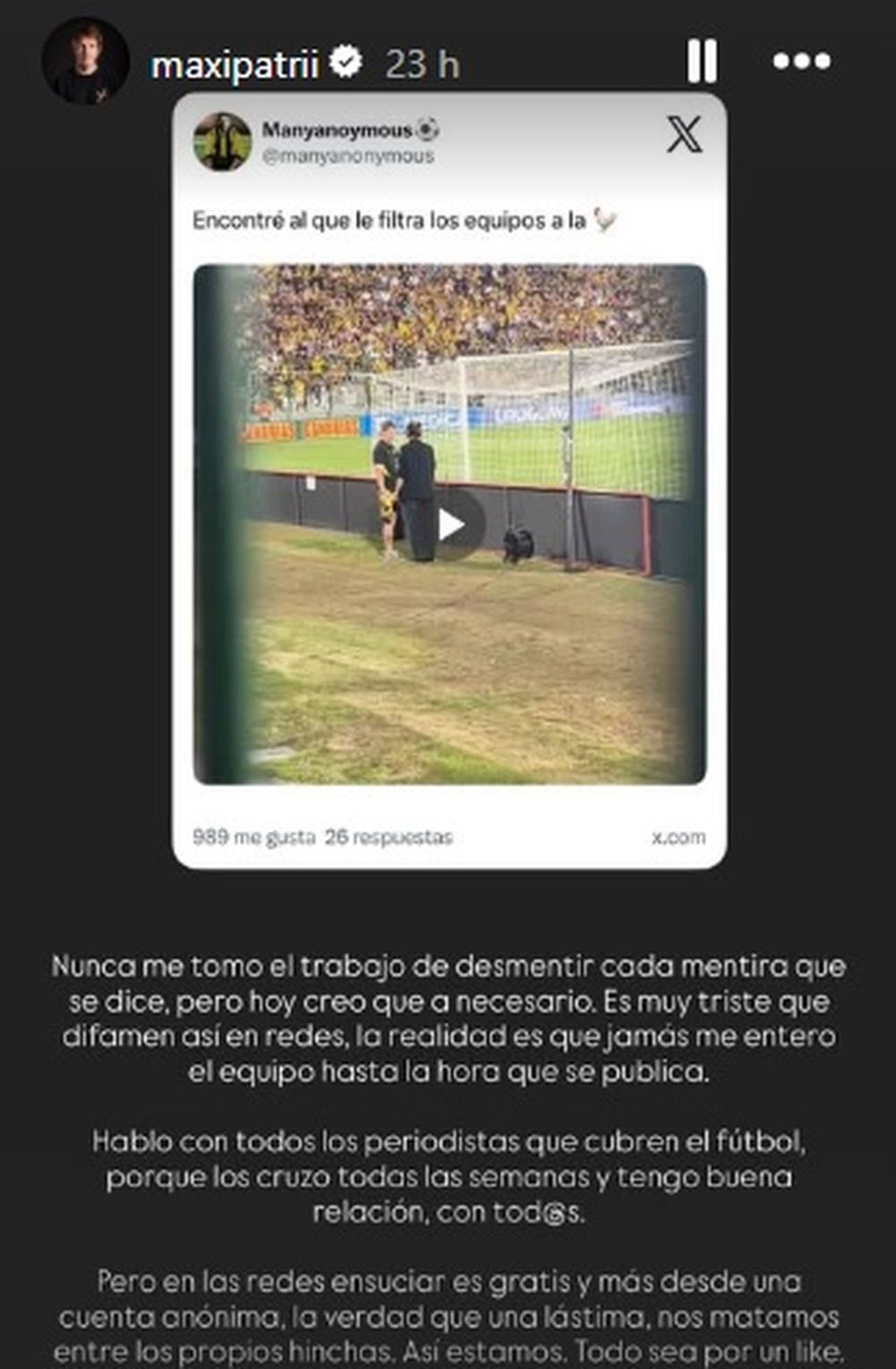 Mensaje de Maxi Patri en sus redes