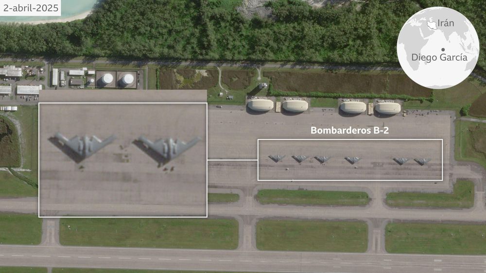 A principios de abril, seis bombarderos B-2 fueron fotografiados en la base de Diego García, a 3.700 kilómetros de Irán.