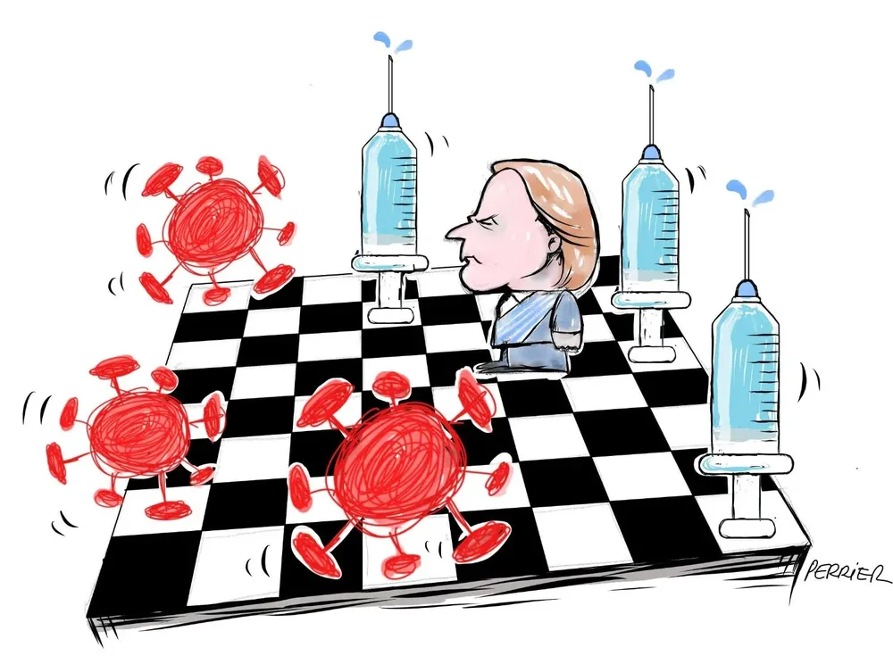 Ilustración del coronavirus y Luis Lacalle Pou