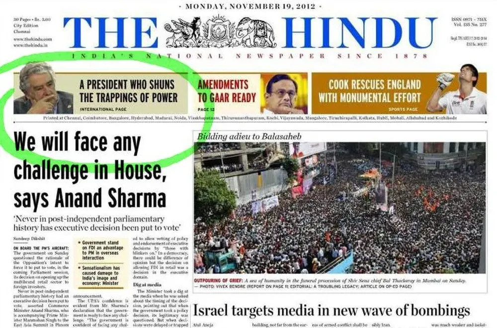 La tapa de The Hindu de hoy, 19 de noviembre