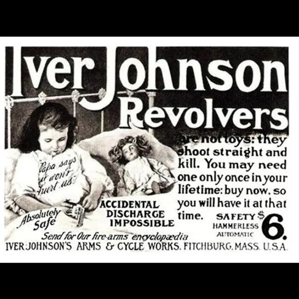 Papá dice que no nos lastimará, dice esta niña en una publicidad de Iver Johnson del año 1904