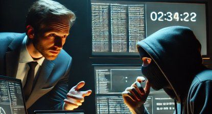 El Observador | DALL·E 2025-02-24 14.27.47 - A tense negotiation scene between a company executive and a masked hacker in a dark room, illuminated only by computer screens displaying encrypted fi.webp