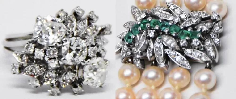 Se subastará un anillo con brillantes de 4 quilates y un collar de perlas con broche de oro brillantes