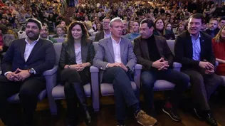 (I-D) El presidente de la Región de Murcia, Fernando López Miras, la presidenta de la Comunidad de Madrid, Isabel Díaz Ayuso, el presidente de la Xunta, presidente del PPdeG y candidato a la reelección, Alfonso Rueda, el presidente de la Junta de Andalucía, Juanma Moreno, y el presidente de la Junta de Castilla y León, Alfonso Fernández Mañueco, durante un acto del Partido Popular.