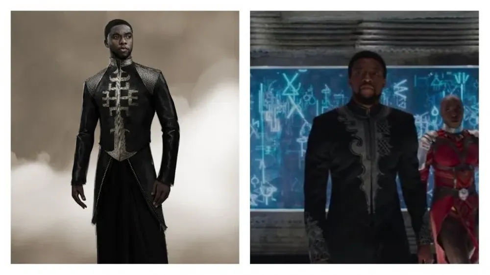 TChalla, la identidad civil de Pantera Negra recurre a túnicas elegantes y lujosas, dignas de un rey como él. El color negro, el oro y la plata son constantes en su vestuario.