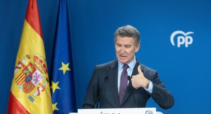 Alberto Núñez Feijóo en la rueda de prensa en la sede del PP en Madrid. EUROPA PRESS