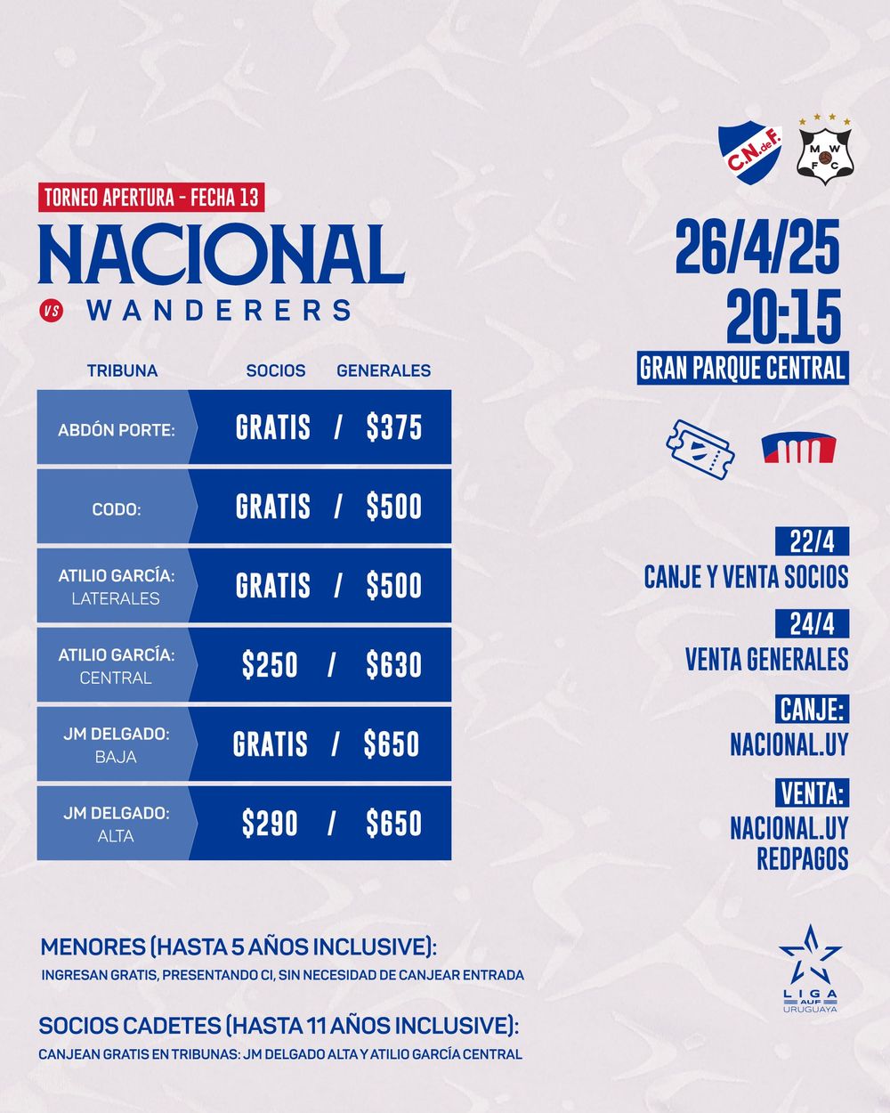Entradas para Nacional vs Wanderers Entradas para Nacional vs Wanderers