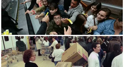 Arriba los jóvenes intentan alcanzar las pulseras que son la entrada para Forever 21 (2014). Abajo los consumidores cargan electodomesticos en la apertura de Géant (1999)