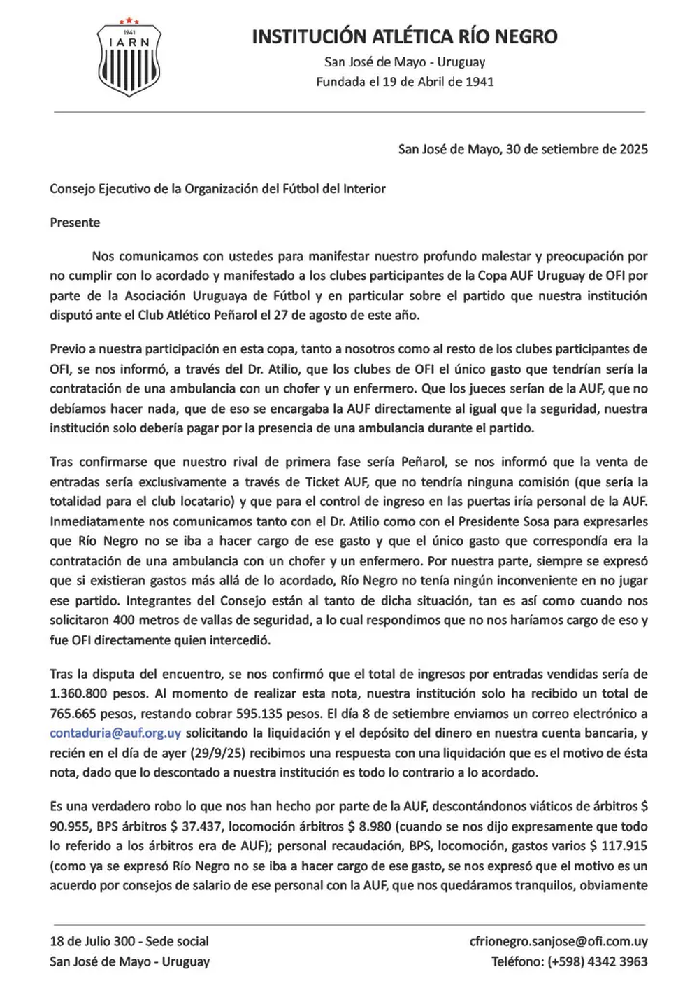 Comunicado de Río Negro de San José Comunicado de Río Negro de San José