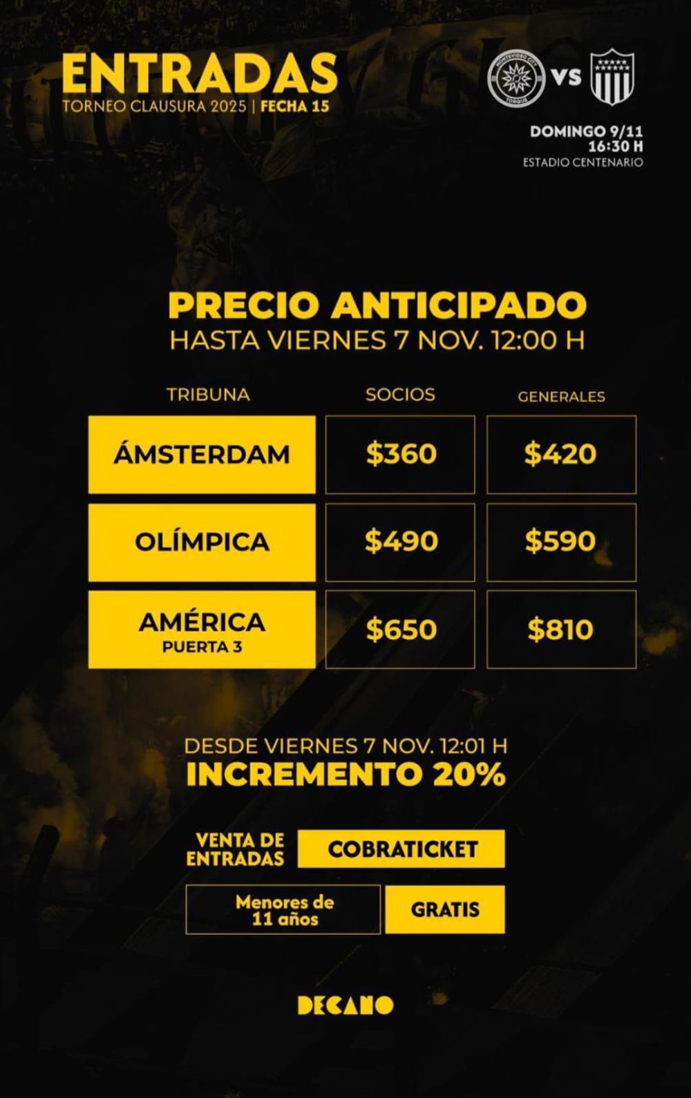 Los precios que fij&oacute; Montevideo City Torque ante Pe&ntilde;arol por el Torneo Clausura