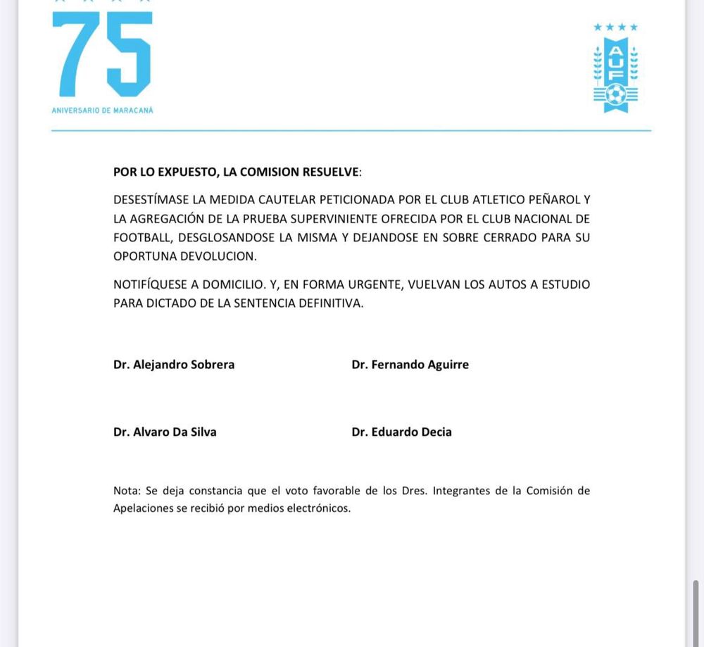 La decisión del Tribunal de Apelaciones de la AUF de que no tuviera andamiento la cautelar pedida por Peñarol para el clásico ante Nacional por el Torneo Clausura