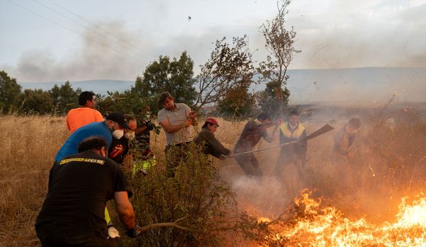 Varias personas tratan de apagar el fuego en Abejera, Zamora, Castilla y León.