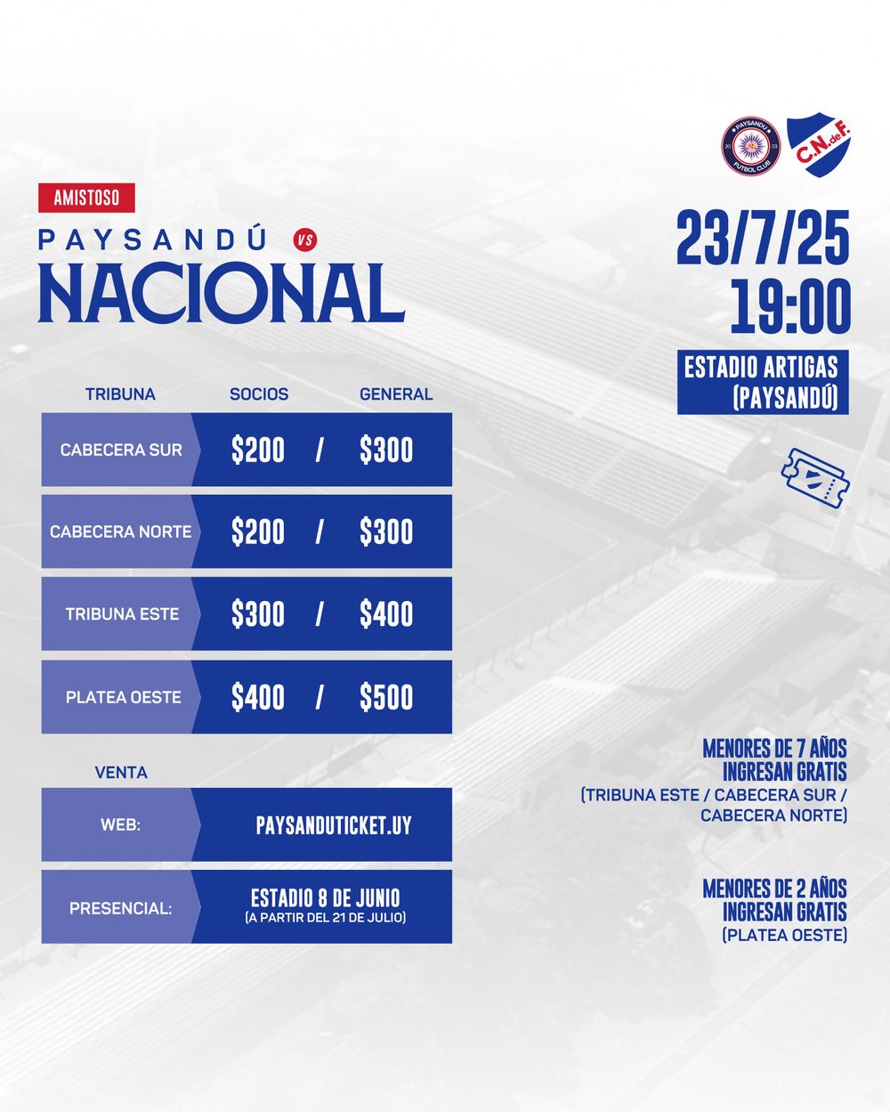 Estos son los precios de las entradas para el partido amistoso entre Paysandú y Nacional Estos son los precios de las entradas para el partido amistoso entre Paysandú y Nacional