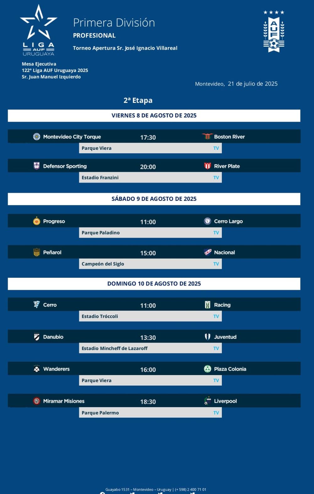 Así se disputará la segunda fecha del Torneo Clausura, con el clásico el sábado 9 de agosto Así se disputará la segunda fecha del Torneo Clausura, con el clásico el sábado 9 de agosto