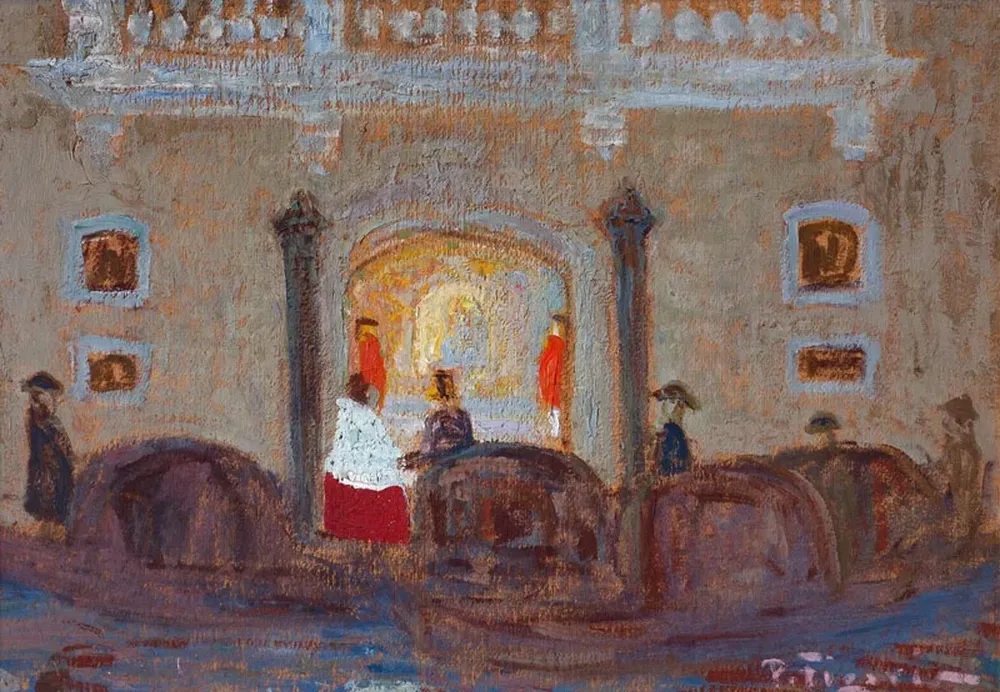 Gondolas en Venecia, un óleo sobre cartón de Pedro Figari