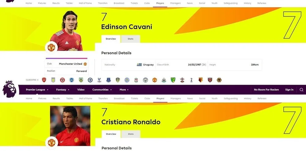 El sitio oficial de la Premier League colocó a Cavani y a Cristiano Ronaldo con el número 7 de Manchester United