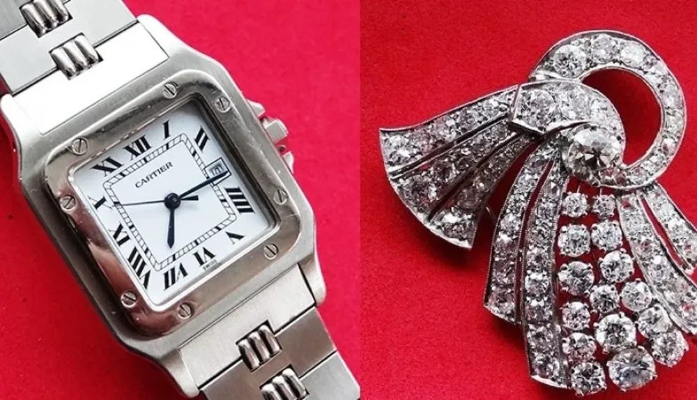 Un prendedor con brillantes y un reloj Cartier para dama