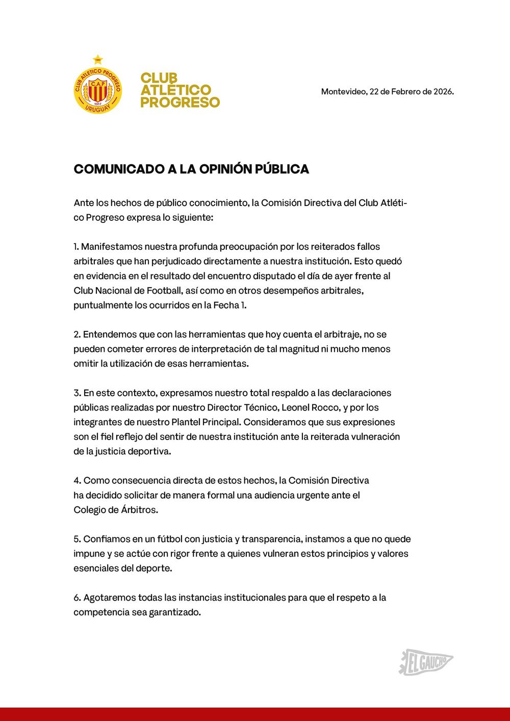 El comunicado de Progreso