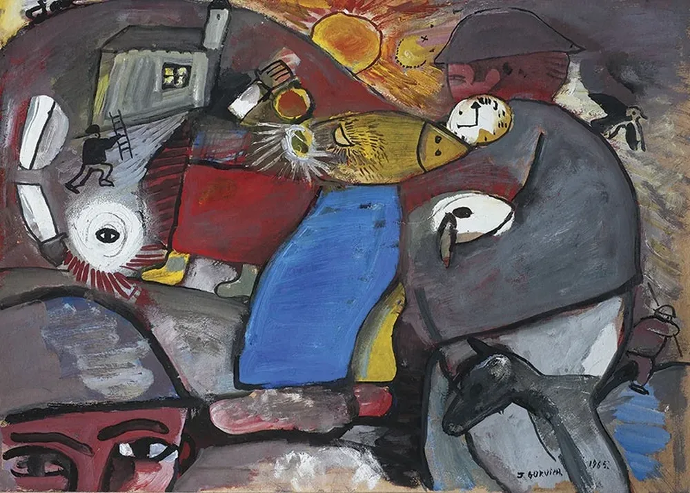 Kibutz, una témpera y óleo sobre papel pegada en cartón, de José Gurvich