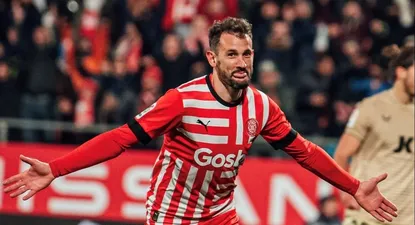 El festejo de gol de Cristhian Stuani de Girona, quien ingresó y la primera pelota que tocó fue para anotar