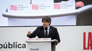El expresidente de la Generalitat de Cataluña Carles Puigdemont interviene en el acto del Consell de la República en Perpiñán (Francia) a 29 de febrero de 2020