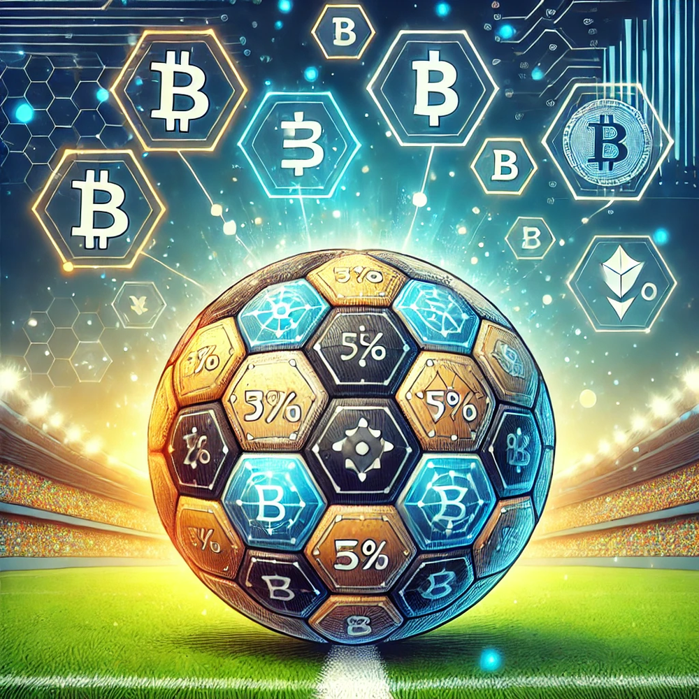 DALL·E 2024-10-11 14.28.09 - A detailed illustration of a football where each hexagonal patch on the ball represents a digital token. The ball is surrounded by blockchain symbols .webp