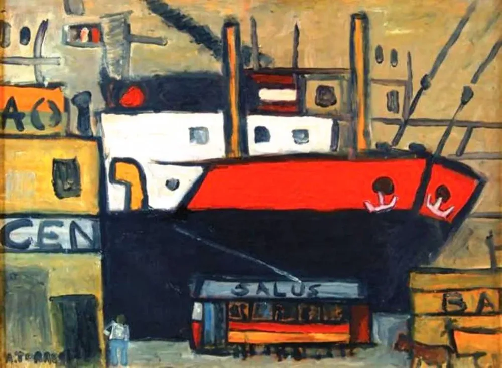 Puerto, un óleo sobre tabla de 30 x 40 cm.. pintada por el artista Augusto Torres