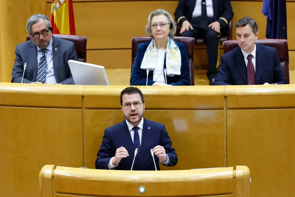 El presidente de la Generalitat, Pere Aragonès, interviene en la sesión de la Comisión General de Comunidades Autónomas celebrada este lunes en el Senado en la que se debatirá la ley de amnistía.