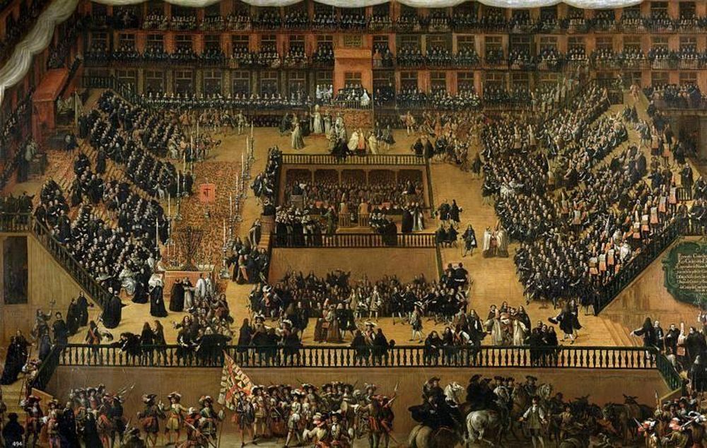 Los autos de fe eran auténticos teatros, como puede verse en este cuadro de Francisco Rizi, que recoge uno en la Plaza Mayor de Madrid.