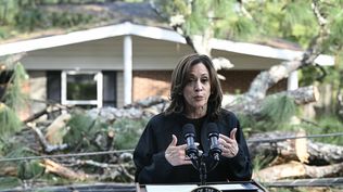 Harris habla en Augusta frente a una casa dañada por la caída de un árbol