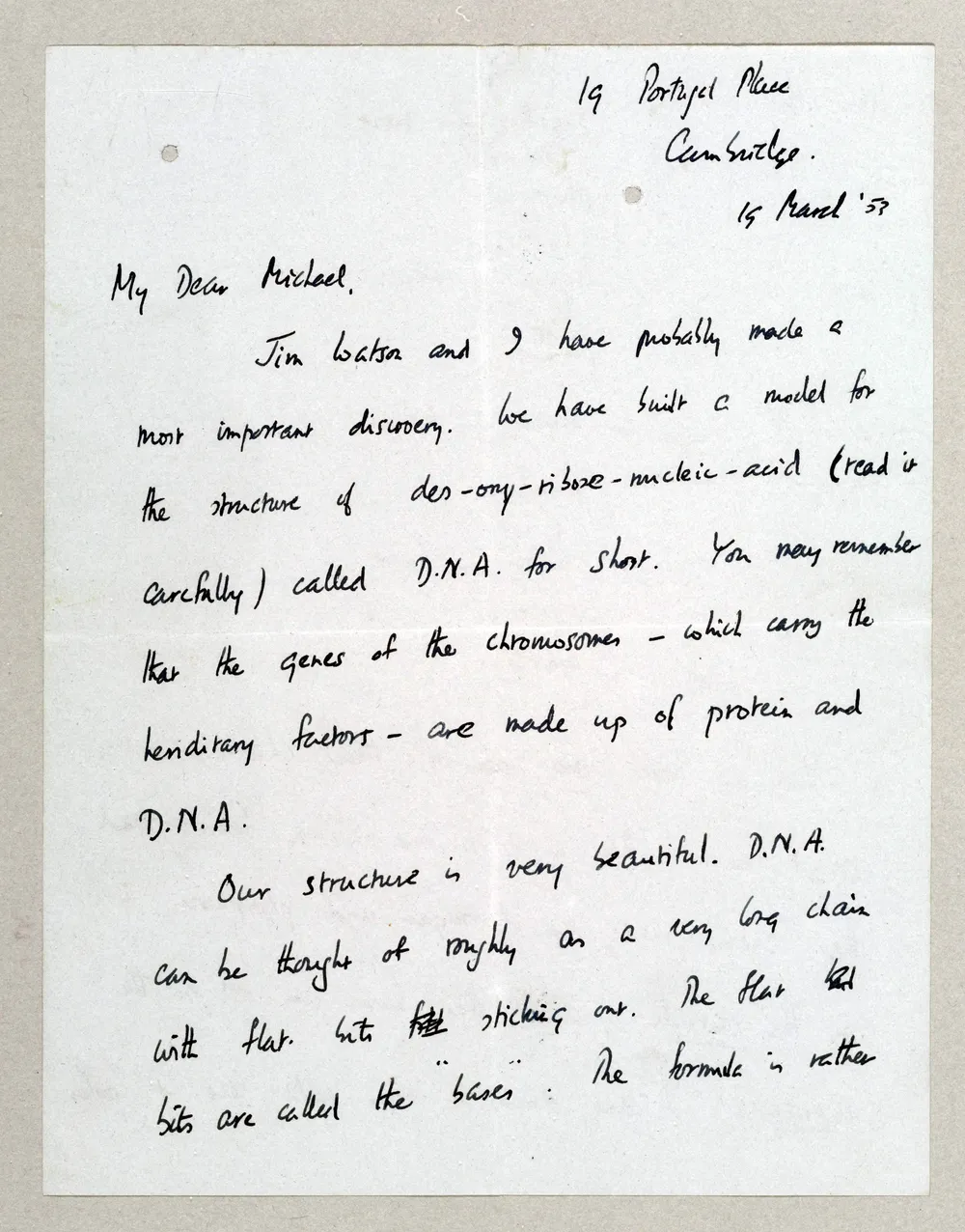 La primera página de la carta que el científico británico Francis Crick escribió a su hijo para comunicarle el descubrimiento del ADN que habían realizado él y su colega James Watson