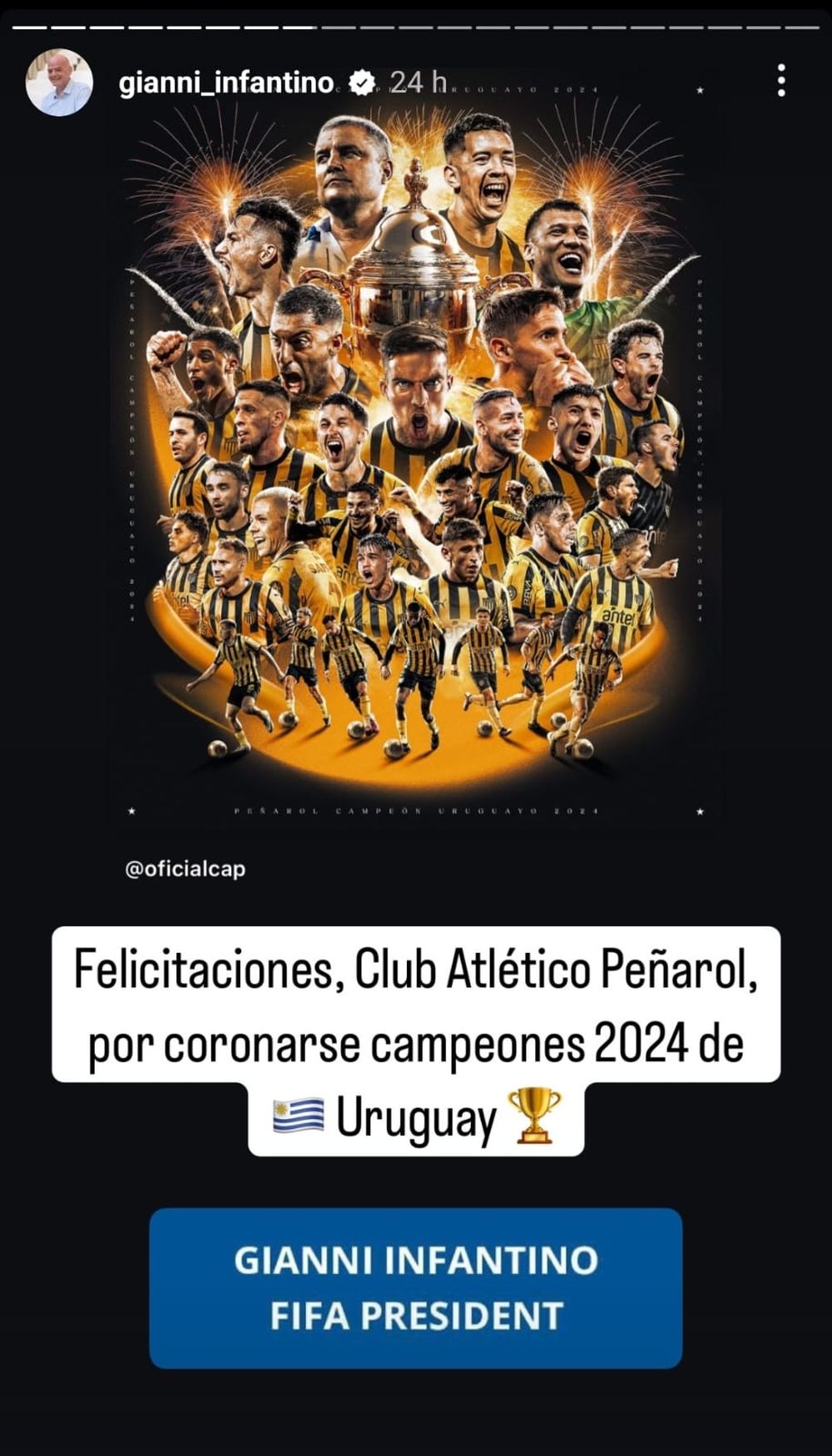 El saludo del presidente de FIFA, Gianni Infantino, a Peñarol, dos meses después