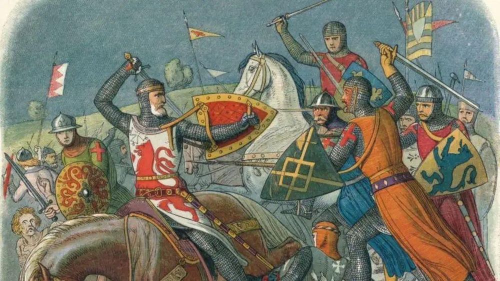 La cruz de San Jorge fue considerada un emblema de guerra inglés desde el siglo XIII en adelante, como se muestra en este dibujo de los hombres del Príncipe Eduardo en la batalla de Evesham en 1265.