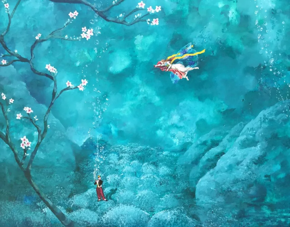 Carmela Piñón- El pífano en el nacimiento de Venus - 80x100 acrílico sobre lienzo en exposición