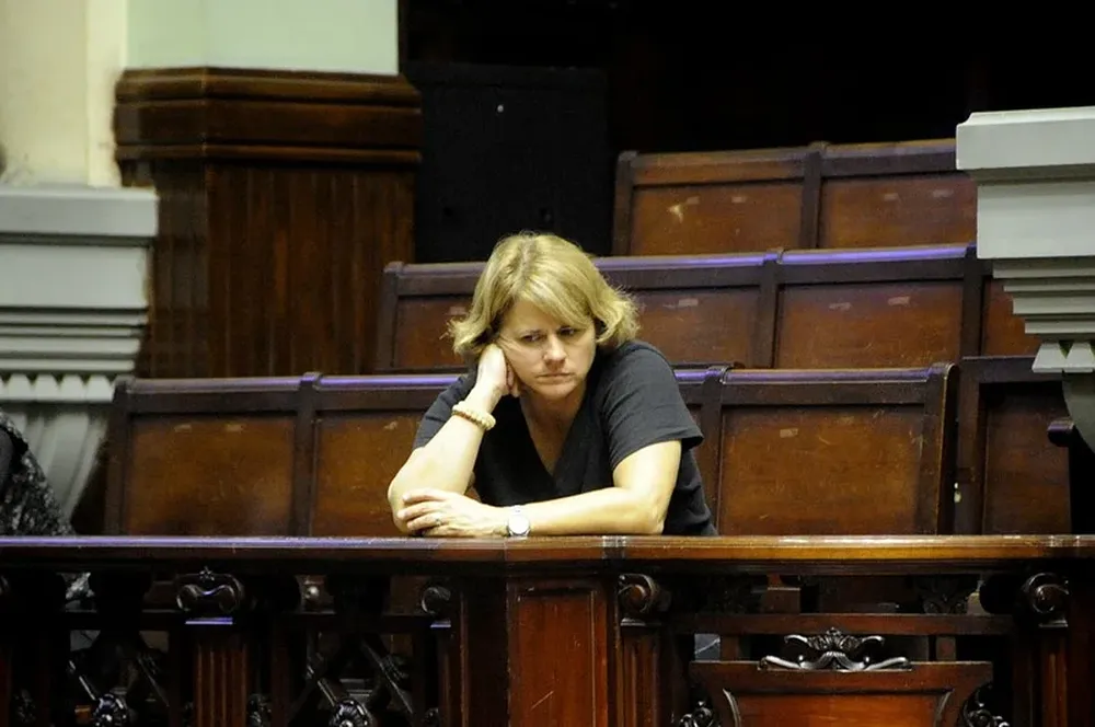 Frances Causey en las barras del Parlamento durante la interpelación al canciller Almagro